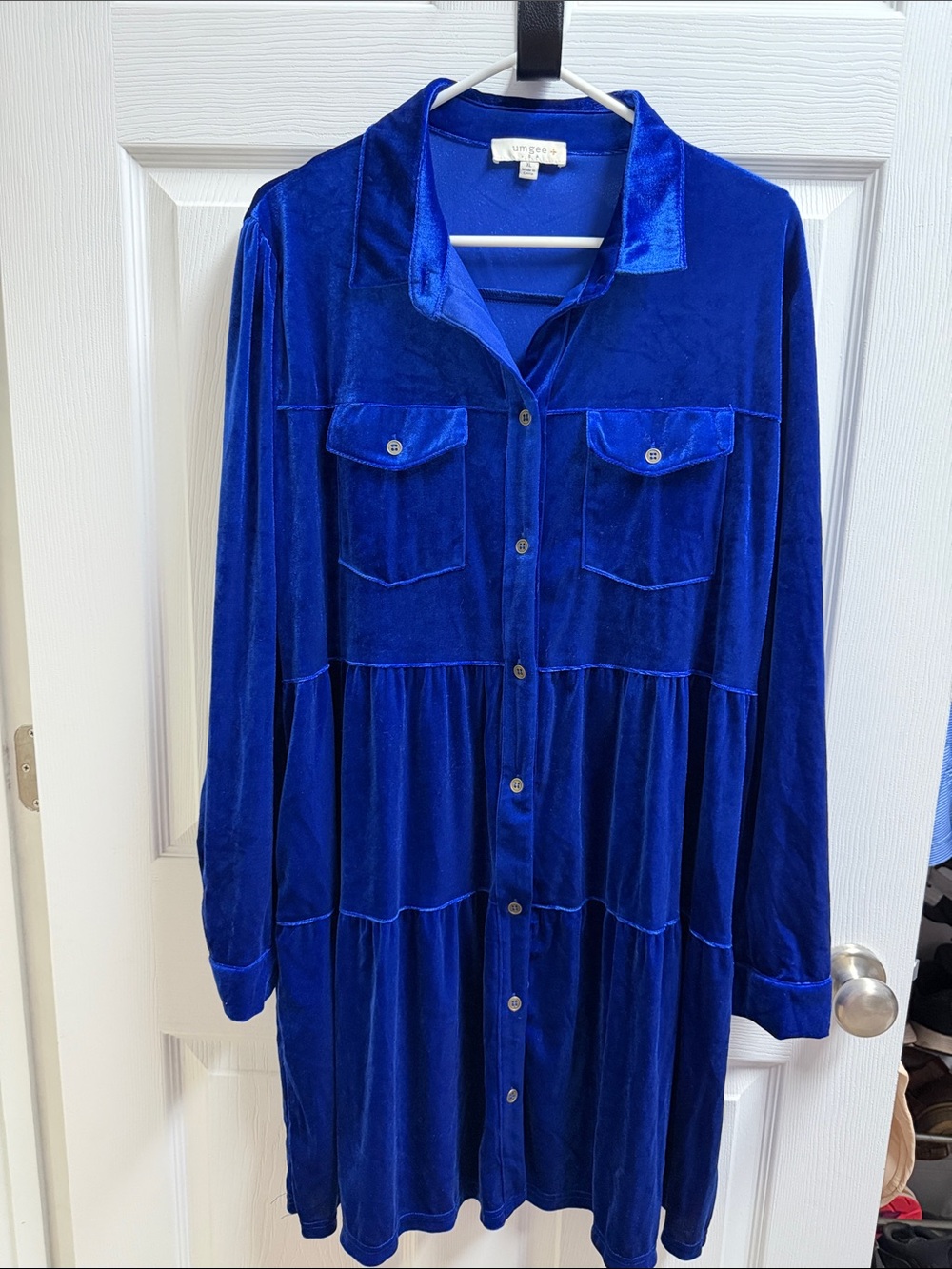 Umgee Velvet Button-Front Tiered Dress in Cobalt Blue